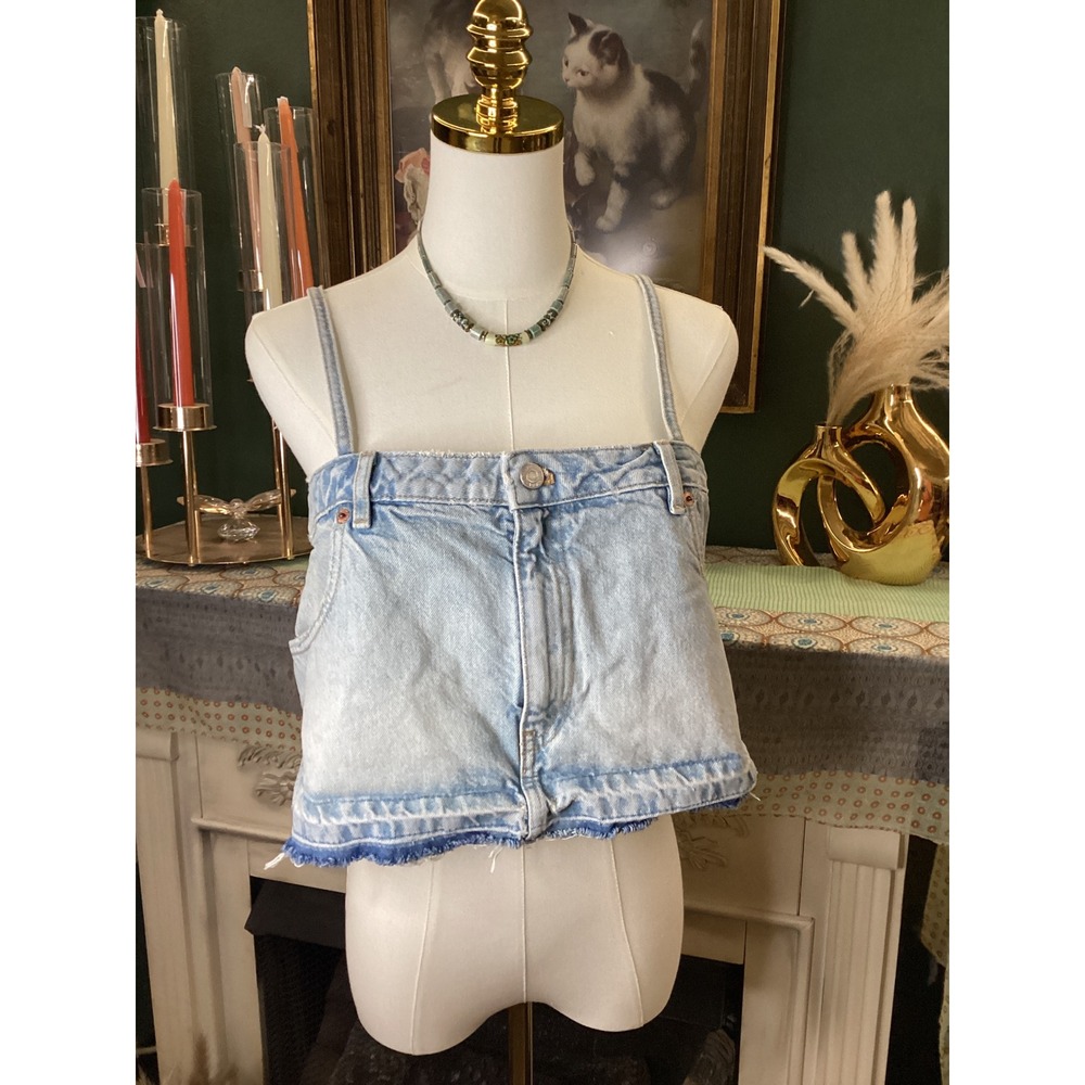 Zara Womens Light Wash Denim Reconstructed Cropped Camisole Top Blue Size M